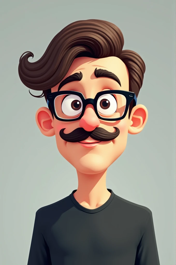 Create a cartoonish man with a mustache that only shows from the bust up. This man wears glasses and has a faded haircut. This man is wearing a black shirt and the background of the image is gray.