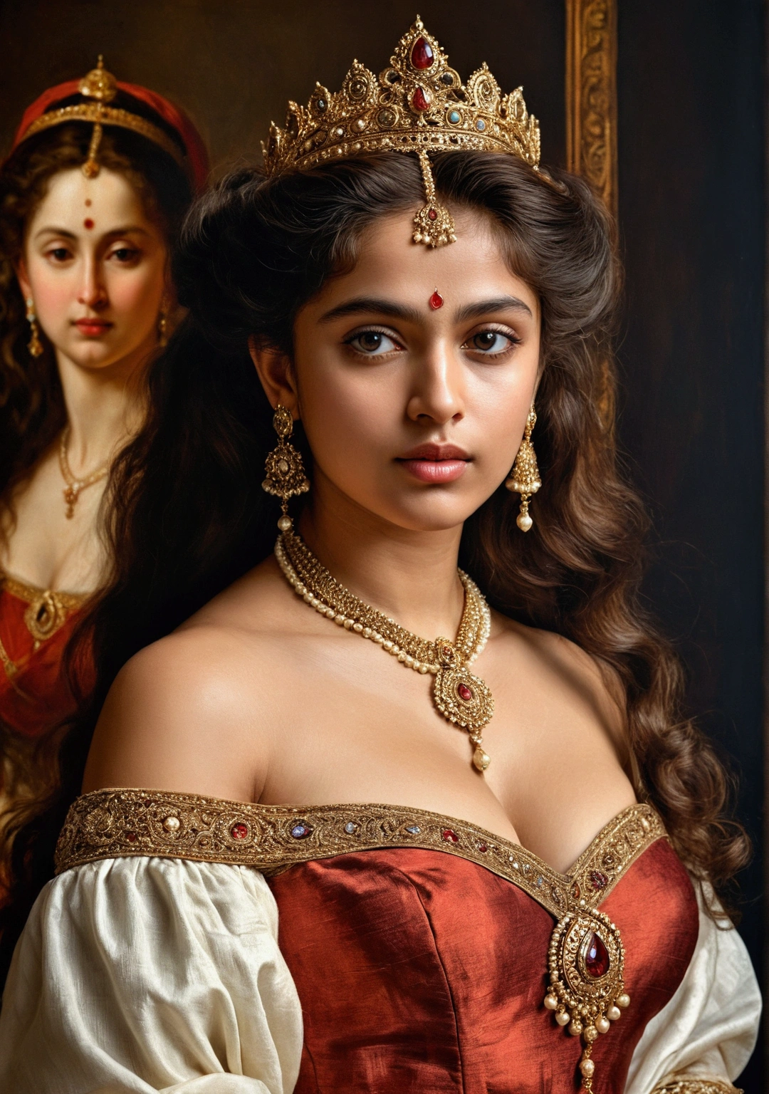 Best quality, highly detailed, masterpiece, Indian princess, Rajkanya, royal clothes, Masterpiece, extremely gorgeous woman, matchless Beauty, portrait, Peter Paul Rubens style, Woman, off shoulder bandeau crop blouse, middle ages, classicism, andrey atroshenko style, painting, long hair, styled hair, big tits, traditional media, realistic, figurative, fine art, detailed Art, oil on canvas, HDR, 8K, original character, high resolution, high detail, focus on the face, intricate, flawless, fluffy hair, Peter Paul Rubens style, By Peter Paul Rubens, sharp picture, avoid crown or mukut in picture,