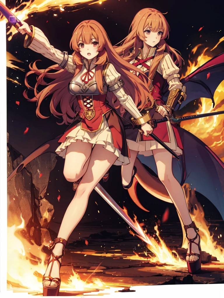 Raphtalia in sexy open toe platform high heels sword fighting a dragon