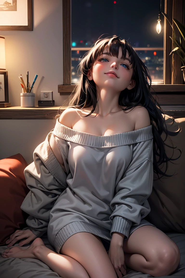 masterpiece, best quality, high resolution, Very detailed, Smile, Woman with long black hair and bangs, Bright blue eyes, Beautiful girl looking at camera, Front view, ((Off-shoulder sweater)),((Light red sweater)),barefoot, night, Indoor Warmth, Image illuminated by small lights, Writing border depth