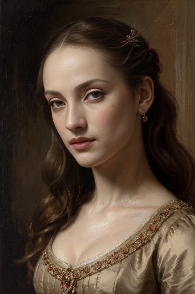 1 woman, art of Anthony van Dyck, oil painting, beautiful detailed eyes, beautiful detailed lips, extremely detailed face, elegant posture, longeyelashes, Renaissance style, dramatic lighting, warm color palette, dramatic shadows, impasto brush strokes, ornate dress, chiaroscuro, classical realism, masterpiece, (best quality,4k,8k,highres,masterpiece:1.2),ultra-detailed,(realistic,photorealistic,photo-realistic:1.37)