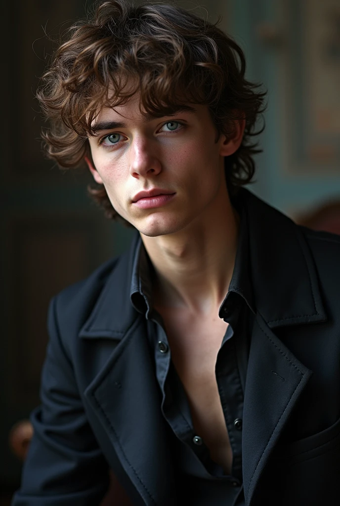a beautiful boy, 16 years, rasgos Europeans muy finos, Brown hair, blue eyes, sad look, peaceful look, very sensible, very sad, ELEGANT DRESS, European, London, rain, Cold, winter, snow, Christmas, loneliness, melancholia, fire in the room, Chimney, strong bare chest, shapely legs, big nipples, strong nipples.