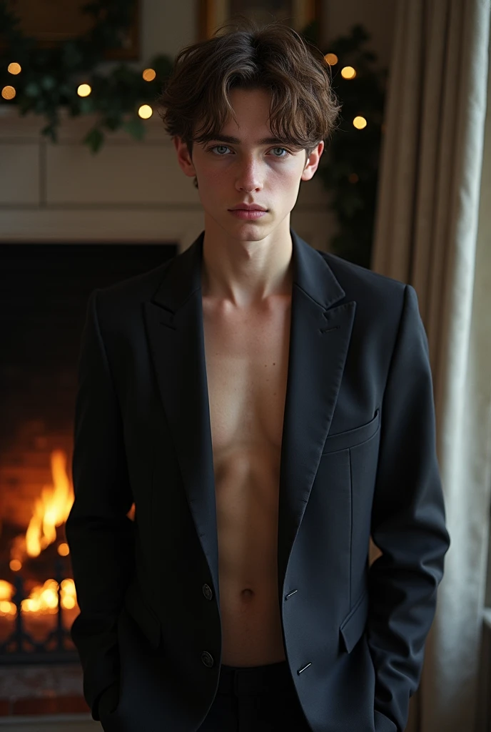 a beautiful boy, 16 years, rasgos Europeans muy finos, Brown hair, blue eyes, sad look, peaceful look, very sensible, very sad, ELEGANT DRESS, European, London, rain, Cold, winter, snow, Christmas, loneliness, melancholia, fire in the room, Chimney, strong bare chest, shapely legs, big nipples, strong nipples.
