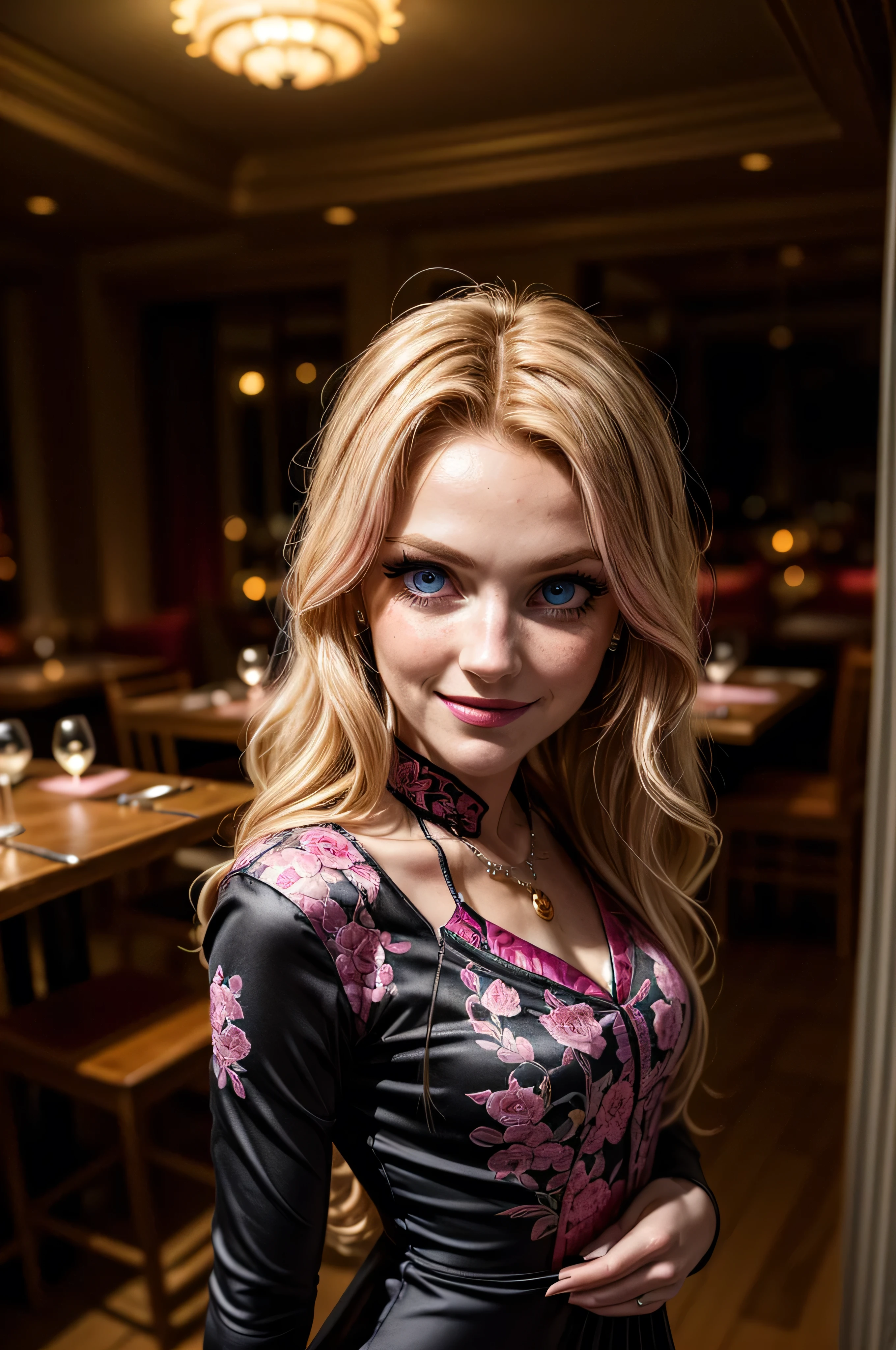 (masterpiece, photorealistic:1.4, extremely intricate:1.3), (photon mapping, radiosity, physically based rendering, ultra resolution, hyper-realistic, photorealistic:1.4, hyper-realistic, 8K), ((((closeup chest portrait 30year woman, [supermodel:waif:0.2], (wide eyes, long lashes)), long wavy parted ([bright blonde hair:red hair:0.7], [makeup:freckles:0.8])), necklace), blue eyes), smile. laugh, BREAK, (((indoor, restaurant, night, dark, shadows, (pink black chinoiserie elegant:1.3 dress), [top view:side view:0.2])))