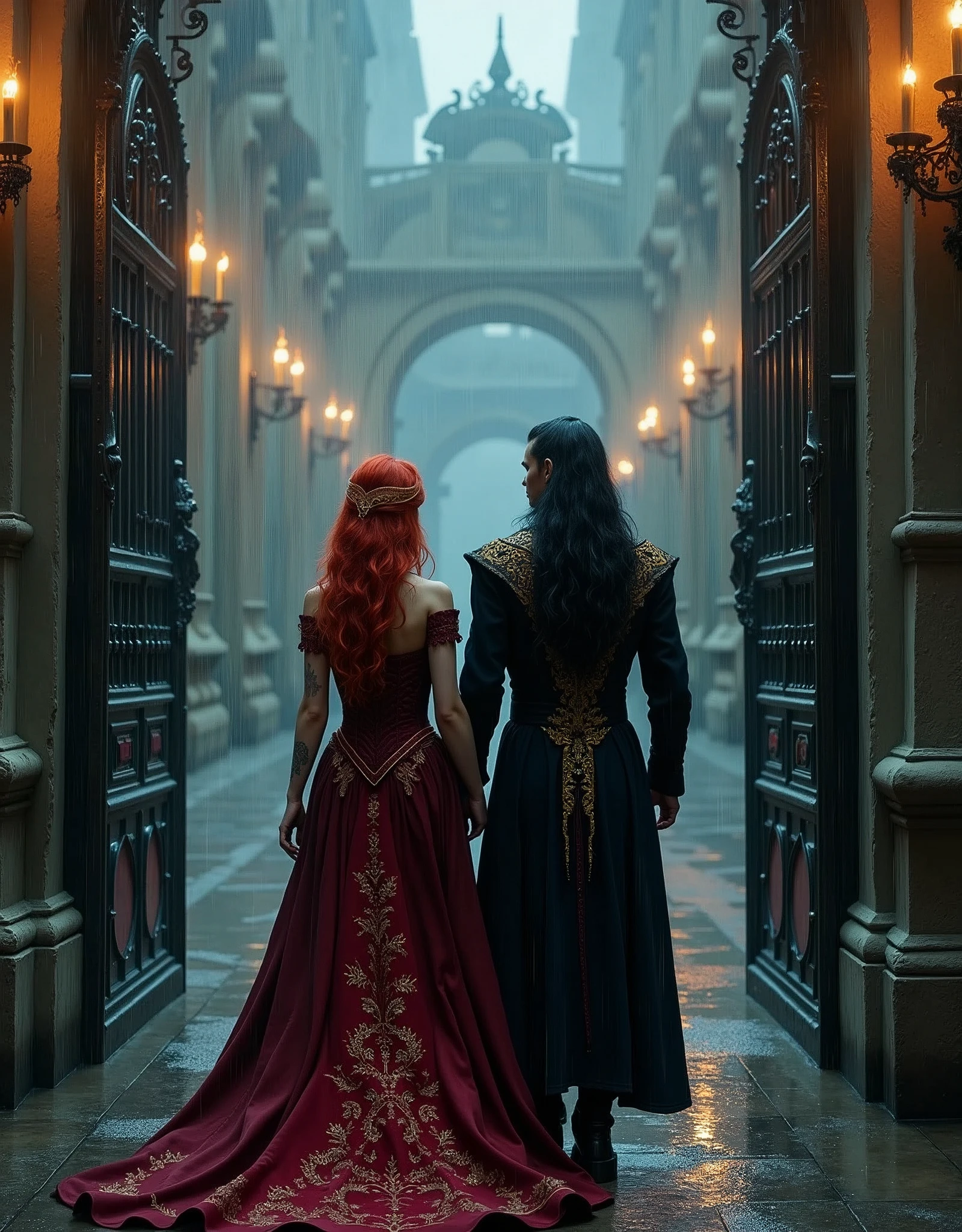 A fantasy mesmerizing portrait of a couple: a ravishing woman with cascading, fiery red locks, and ruby-red eyes, donning a majestic black doublet adorned with intricate, scarlet embroidery, and a regal man with long raven-black hair that falls like a dark cascade, and piercing black eyes that seem to bore into the soul, resplendent in an imperial doublet with gold accents, walking together through the grand, ornate gates of the palace, her injured arms and back eerily illuminated by the soft, flickering torches above, as the torrential rain pours down around them, casting a somber, mystical ambiance, with shades of crimson, gold, and midnight blue, evoking a sense of eerie, cinematic mystery, amidst the dark, wet, and mystical atmosphere of the foreboding night
