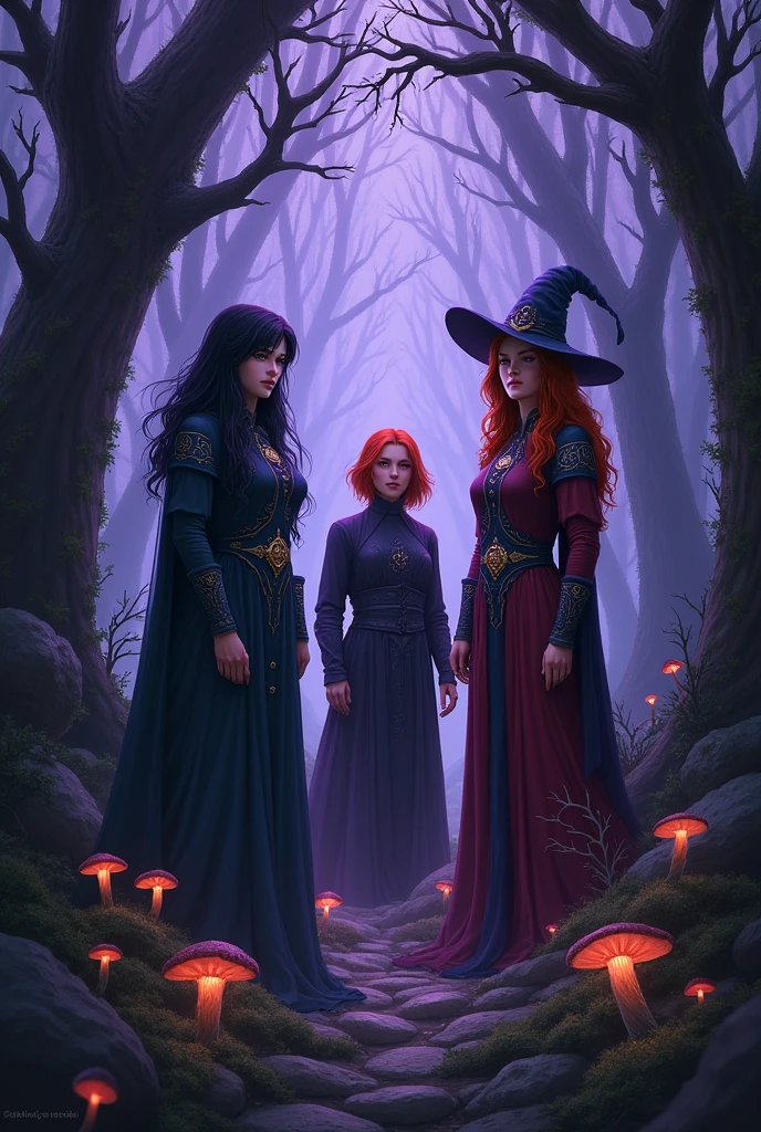 Create purple cover, with a large forest showing three people in the middle, Two witches with a serious look looking forward, one with black hair and a scar on her eye, the other redhead. At his side is a wizard who keeps his gaze quite serious on the redhead.