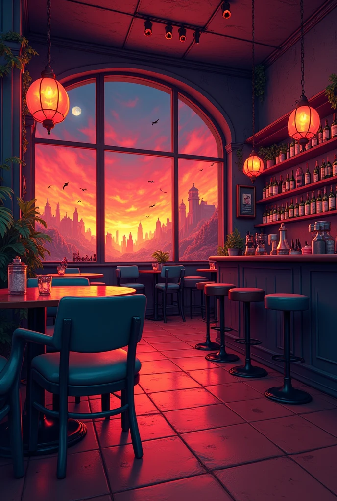 Infernal cozy horror empty café interior, with chairs, tables and a bar coctel bar, cartoon animated in hell