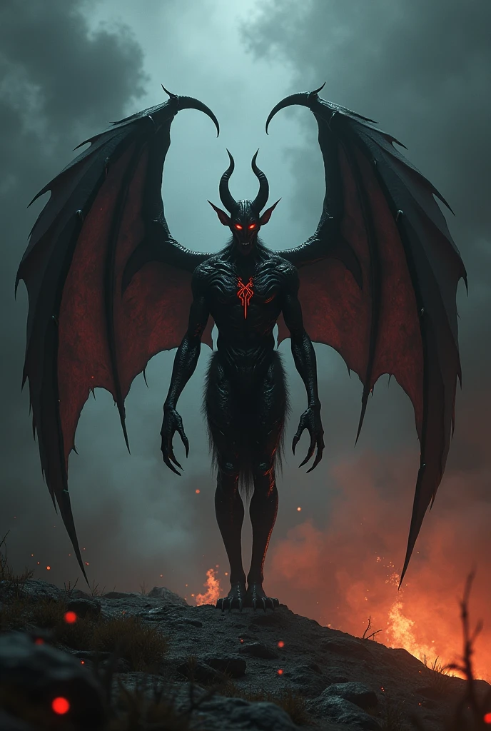Create an image of a symmetrical figure with demonic wings and exposed anatomical details, standing in a majestic posture on a volcanic stone floor. The stage is illuminated by a reddish glow coming from a nearby lava river.. The overall tone conveys a mix of dark power and ancient mystery.. The wings of the figure are large and detailed, with almost realistic scales. The figure is standing with both arms extended to the sides., as if invoking a dark power. The reddish glow emits a dim light that slightly illuminates the figure's head.. The color palette consists of dark and muted tones., predominantly black and dark red. The wings are pearly black., contrasting with the dark background. The figure's skin is a greyish tone, almost translucent, standing out in the gloomy surroundings. The floor is a pattern of black and red volcanic stone, and the lighting is soft and diffuse, creating deep shadows and a mysterious atmosphere. The background is dark and hazy, adding an air of introspection and mystery to the scene, recalling the intense and supernatural atmosphere of 'Constantine'