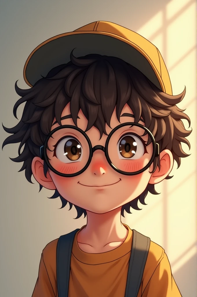 Boy with curly hair and cap with semi-realistic anime style glasses