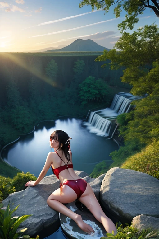 (masterpiece, Best Quality, High resolution), 1 girl, swimsuit, in the stomach, lying, looking at the viewer, landscape trees , waterfall and mountain stones,((view from above)),((wet body and hair))
