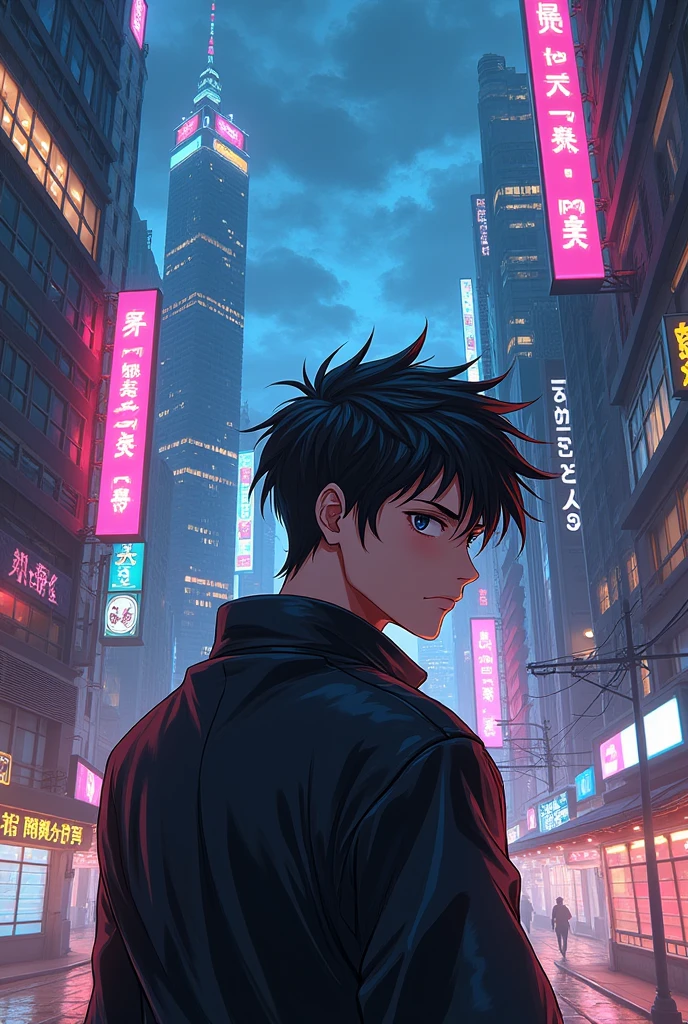 1man,masterpiece,best quality, ultra high res, dusk,cityscape,depth of field, short black messy hair, solo male