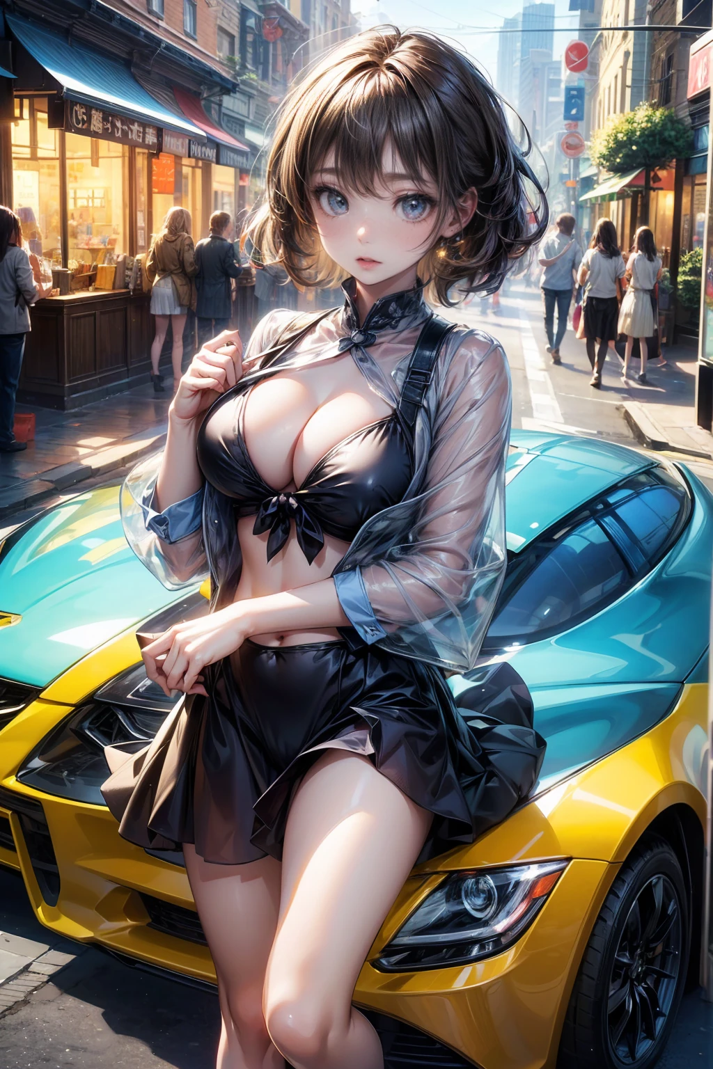 ((masterpiece)), ((Highest quality)), ((High resolution)), ((Highly detailed CG Unity 8k wallpaper)), alone、Main Street、building、car、Summer cafe terrace、high school girl、Patent leather bikini、See-through、belly button、Nipple swelling、Underbust、hair、Straight Short Cut、Big eyes、High nose、Beautiful multiple eyes、Long eyelashes、Larger breasts、look up、Show your side、