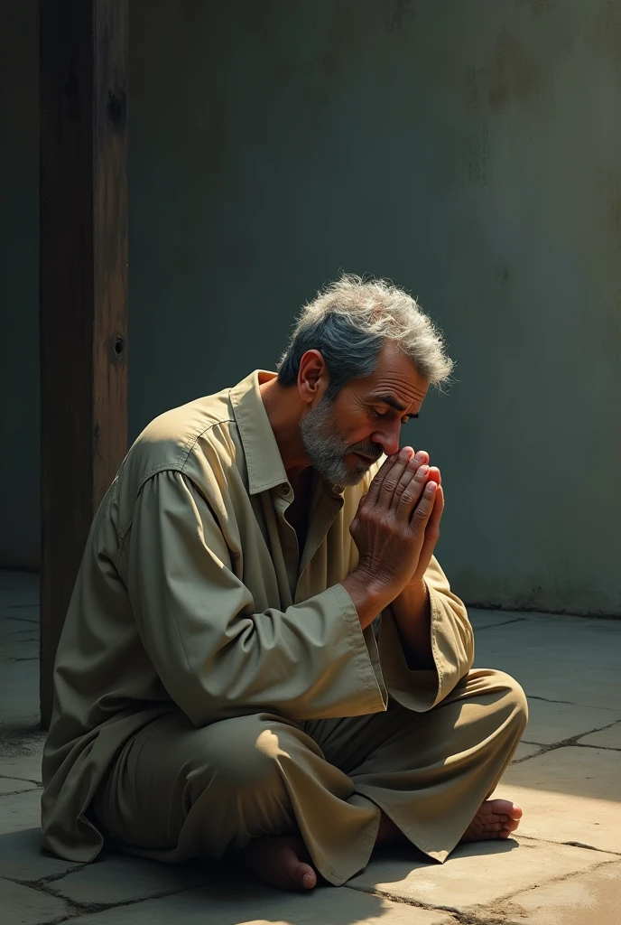 Give me a picture in which a man
is sitting upset and crying but in a sitting position and thanking Allah.