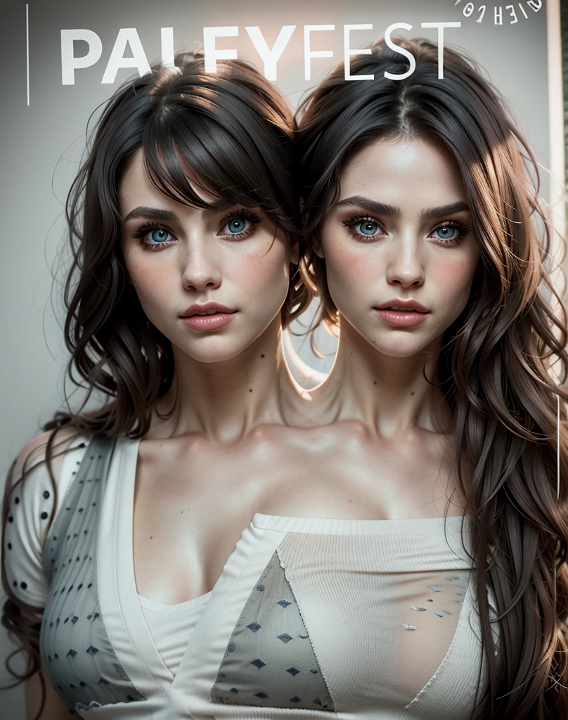 Create a deeply realistic upper body portrait of a woman, ((2heads)), conjoined dicephalus,embracing imperfections in her skin and hair. Zoom in to showcase intricate details.  Capture the complexity of her eyes with well-defined irises, conveying depth and emotion. Depict a natural, imperfect texture in her hair, emphasizing flyaways and individual strands. They are wearing shirt, which is keeping them close. They are side-eyeing each other, facing away from each other.Pay careful attention to the interplay of light and shadow, adding a three-dimensional quality to the portrait. This upper body composition should evoke a sense of genuine beauty in imperfection, striking a balance between realism and artistry,25 years old