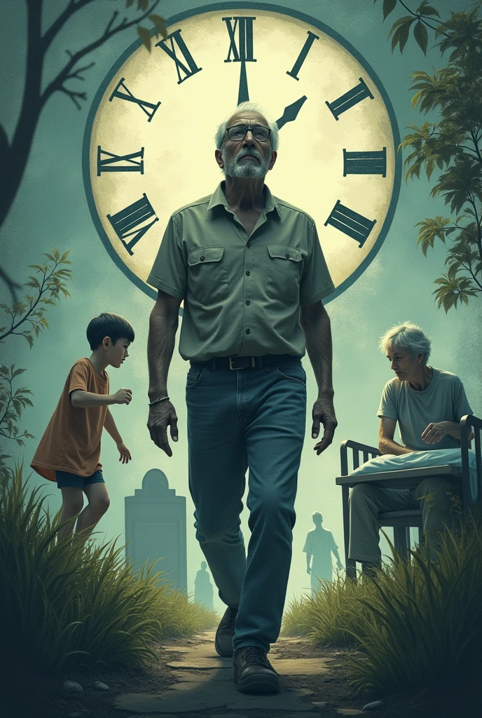 It generates the image of the death of a man over time. But in the way that a human being grows from a child playing in a garden until he is an adult at work and an old man in a hospital bed and then a tombstone that represents his death at the end and in the background a large clock. 