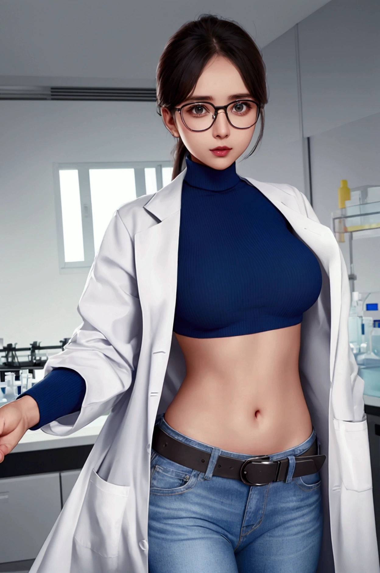 Girl in Laboratory, Turtle-neck, lab coat, showing navel, belt, Exposing the abdomen below the navel, well-dressed, glasses, blue jean, laboratory