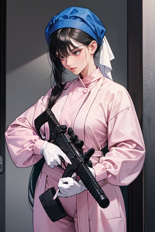 A mature woman with black hair tied up, wearing large pink rubber gloves, a white cloth wrapped around her head, a blue long-sleeved jumpsuit, and holding a submachine gun in the bathroom