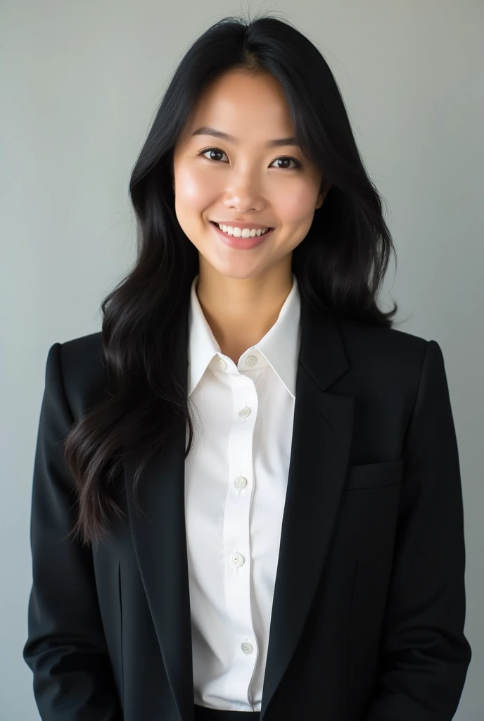 A front-facing portrait of a slim woman with long black hair and distinct Thai features. She has a well-proportioned figure with a larger bust. As a news anchor, she has a beautiful and professional appearance, wearing a black blazer over a white button-up shirt. The shirt underneath is neatly tucked in. The image is vertically oriented, with a neutral background, focusing attention on her."