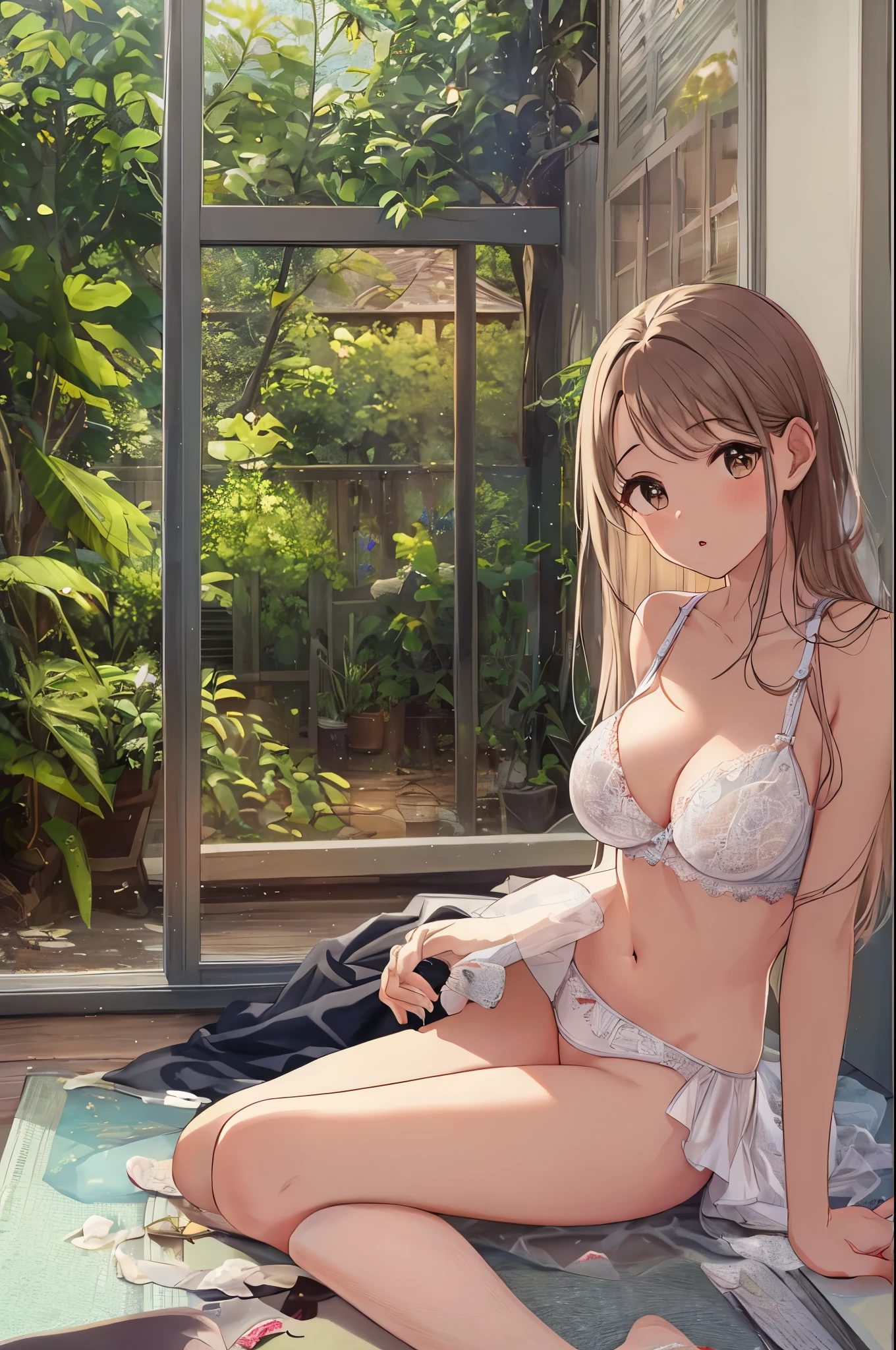 Shimamura Uzuki, Brush, ((White panties, Camel Toe, Areola,Bedroom,)), Prone, (panties), (bra), (In underwear), (Flashy underwear), (lingerie), 