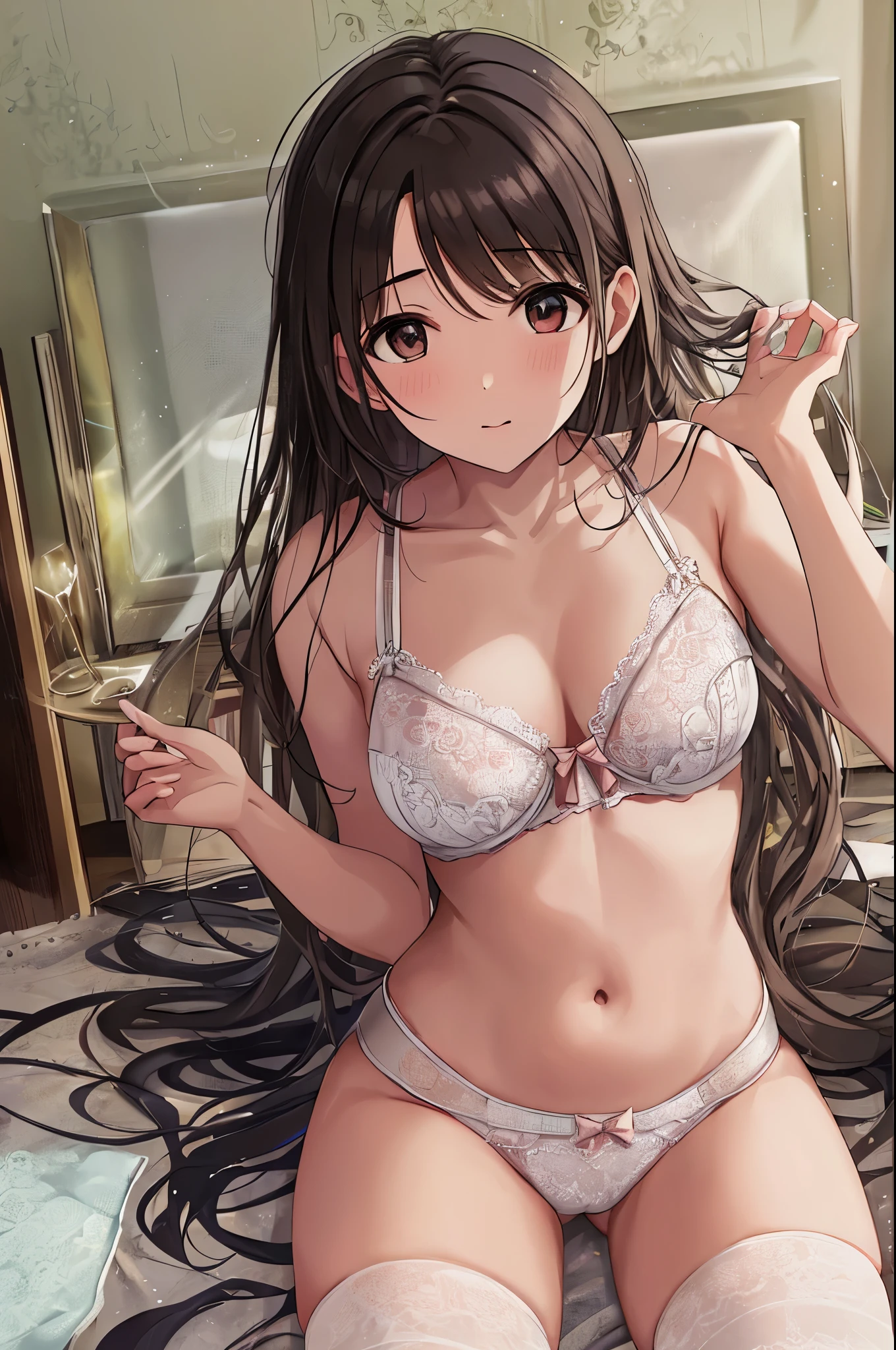 Shimamura Uzuki, Brush, ((White panties, Camel Toe, Areola,Bedroom,)), Prone, (panties), (bra), (In underwear), (Flashy underwear), (lingerie), 