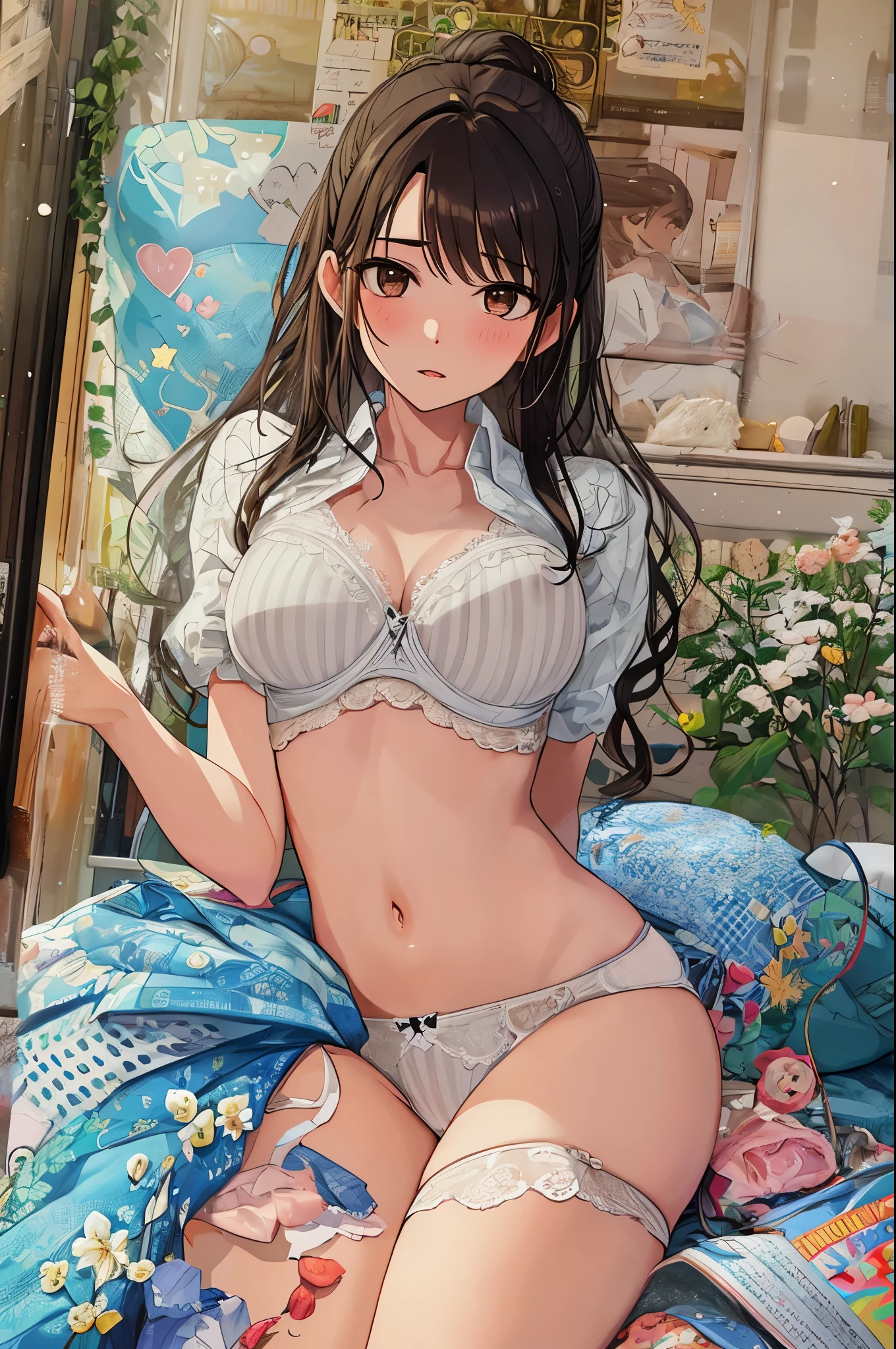 Shimamura Uzuki, Brush, ((White panties, Camel Toe, Areola,Bedroom,)), Prone, (panties), (bra), (In underwear), (Flashy underwear), (lingerie), 