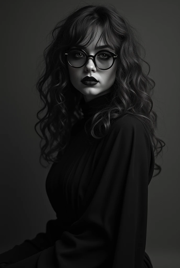 Woman with long brown curly hair, curly bangs, very voluminous hair, small eyes with striking black makeup, Caucasian skin, gothic, long dress black, high-heels, wine colored mouth, black andwhite, Grieving, big round glasses