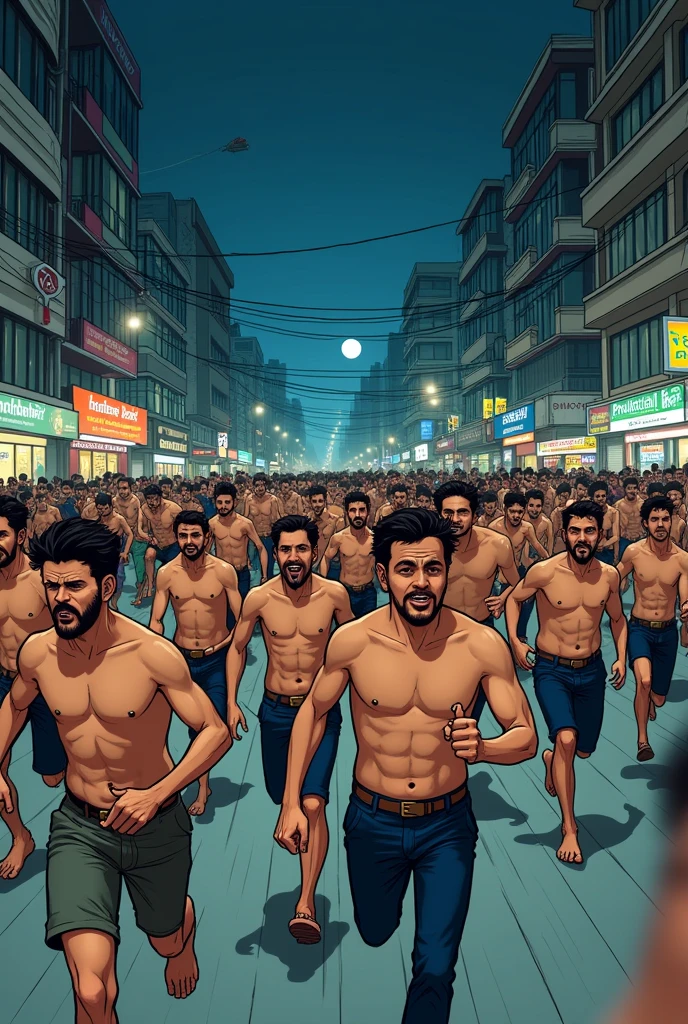 The shirtless people running and panicking to left but a lot of Normal city people with clothes chasing them with bike,cars with big bat sticks to beat them up at mid night in Bangladesh . funny catoonish
