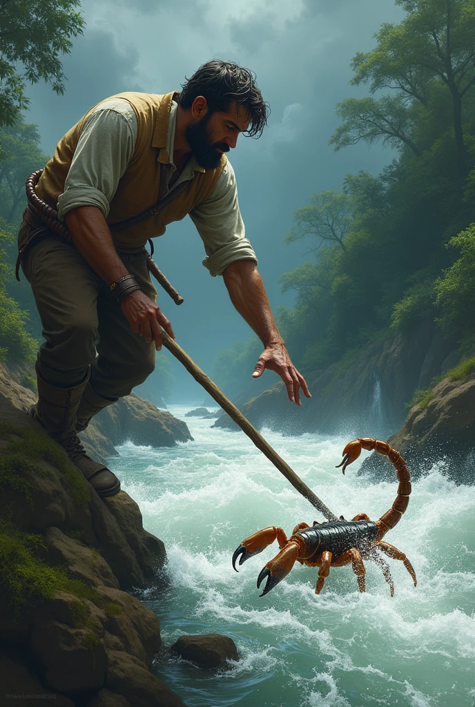 Man saving a drowning scorpion in a river with a stick