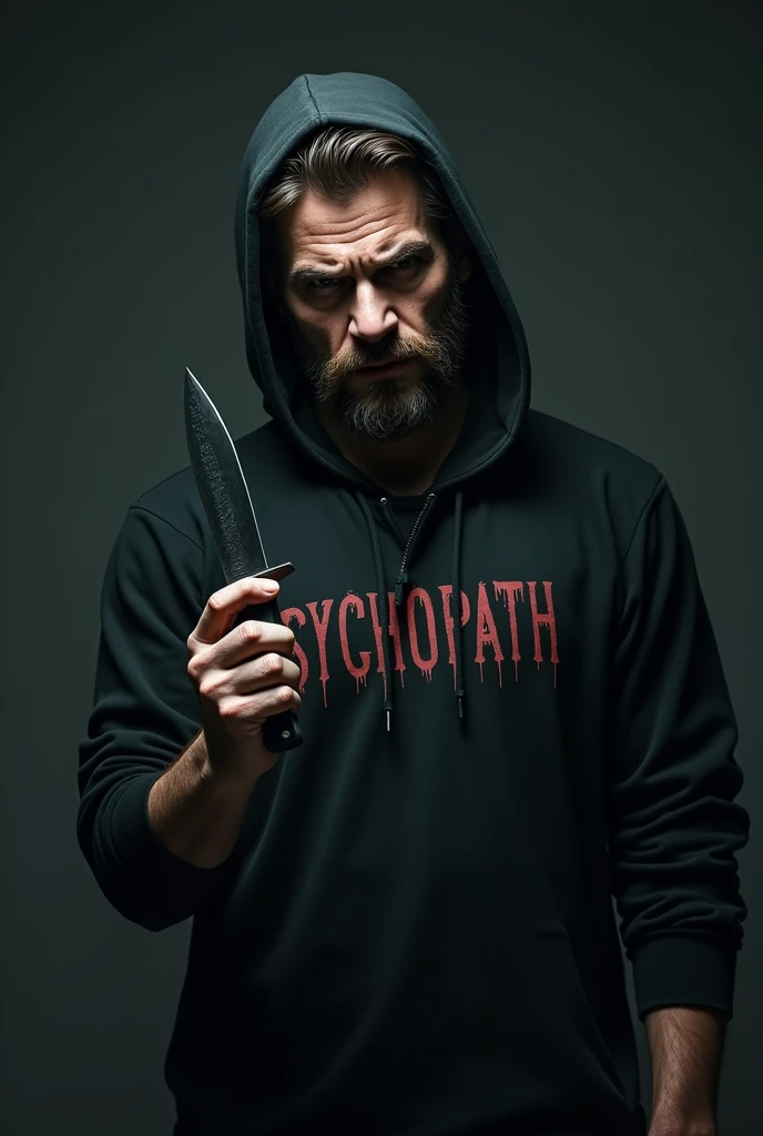 A hacker man holding a knife and on his shirt there is a word psychopath and on the back there is a computer wallpaper psychopath 