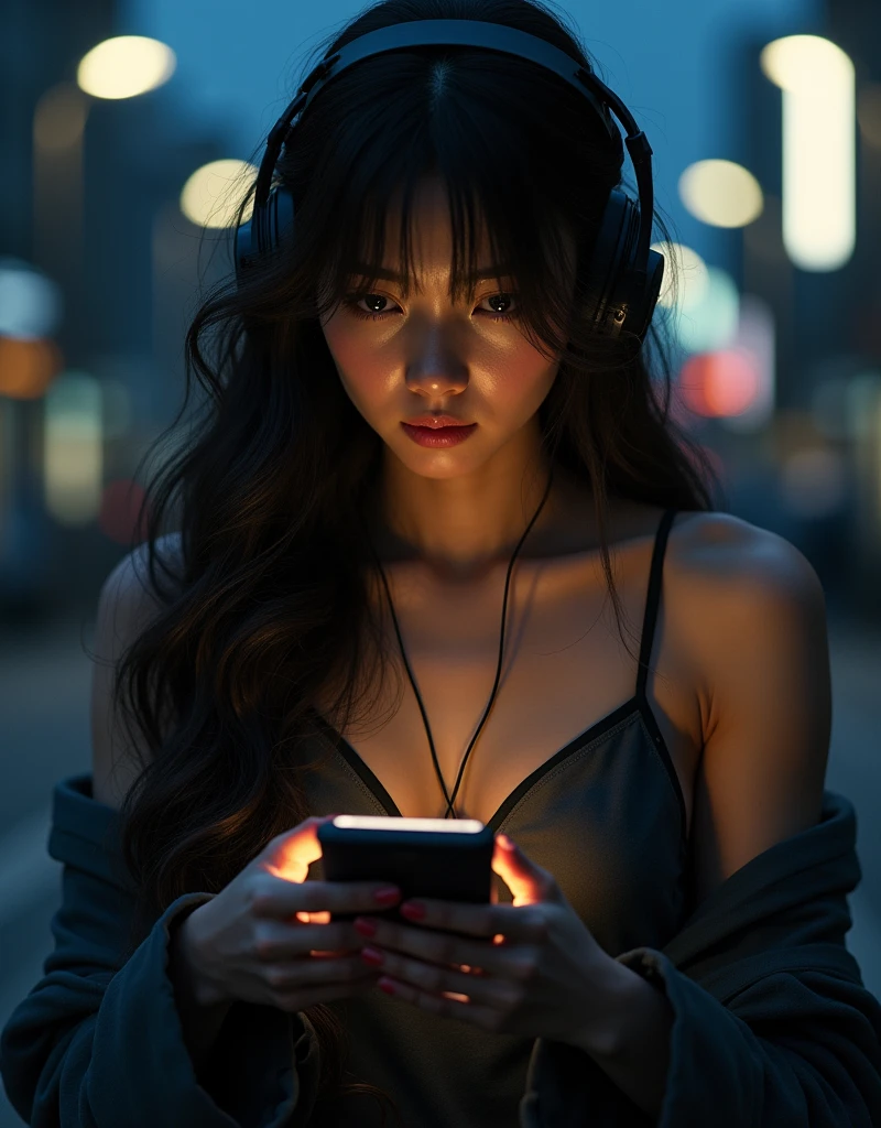 charming woman, have a foldable phone, Japanese woman, long wavy hair,moody night,shoulder off,hed set,wearing headphones,basking in strong sunlight,old hip hop style,