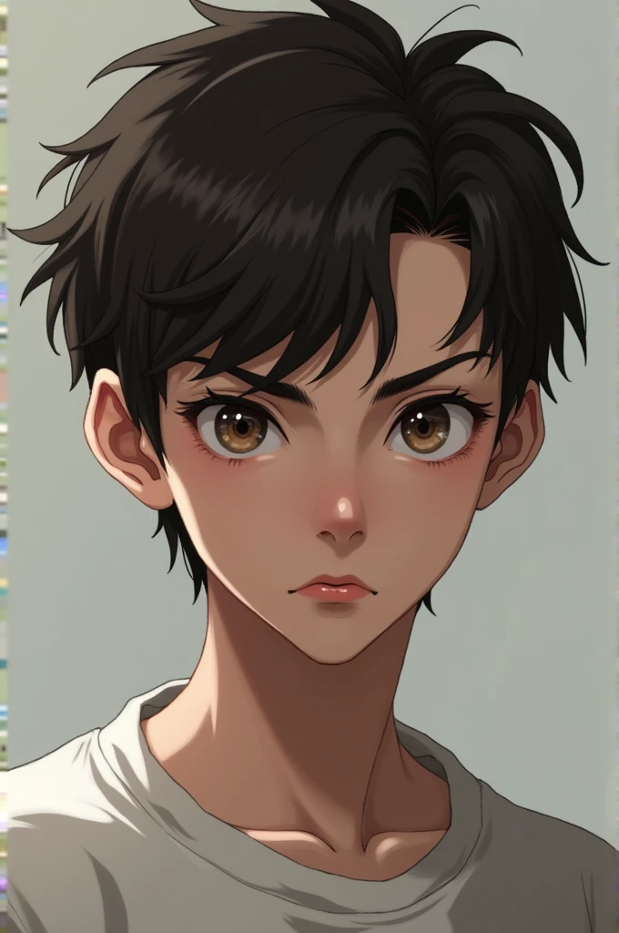 Uk boy dark brown eyes, pink lips A little dark, Brown hair, bushy eyebrows, normal straight nose, SERIOUS LOOK, White clothes