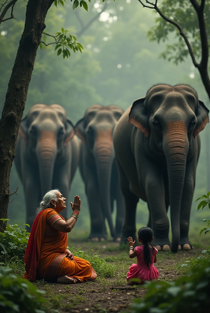 A poignant scene set in a dense forest, where an elderly Indian grandmother and her young granddaughter are kneeling in front of three large elephants, their hands raised in a gesture of pleading. The grandmother, dressed in a traditional sari, has a desperate expression on her face, while the young girl beside her mirrors the same emotion. The elephants stand tall and majestic, their powerful presence contrasting with the vulnerability of the humans. The surrounding forest is filled with towering trees and thick underbrush, with the atmosphere tense and heavy, as if nature itself is holding its breath.