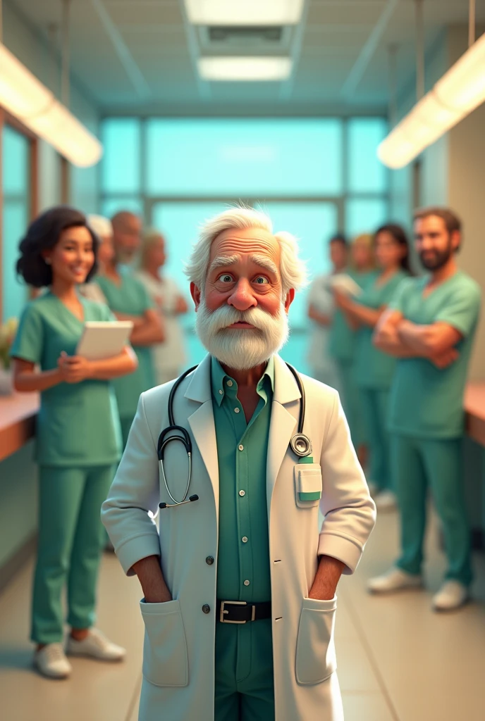 Create an image of a 75-year-old man with a short white beard, friendly face and doctor's dress with shirt and pants under the lab coat. In the background of the image, a medical center should appear with the name Hospital Santa Helena in the foreground and in the colors green and red.. The man must be surrounded by health professionals of various nationalities. The image must be in Disney or Pixar layout.
