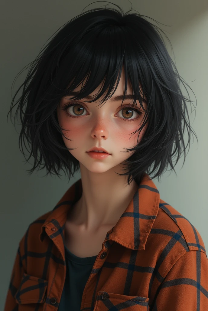  girl with a flannel and a short disheveled bob 