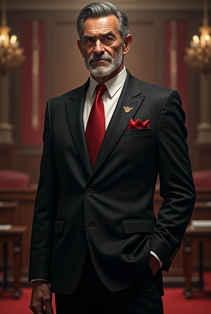 A man in a suit in parliament、67 years old.Doesn&#39;t age、Black Hair、A sturdy face、all back、Add a deco、Add wrinkles、Red tie