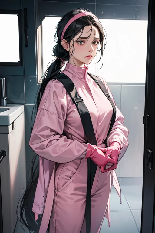 A mature woman with black hair tied up and a sad expression on her face, wearing large pink rubber gloves, a white cloth wrapped around her head, a blue long-sleeved jumpsuit, and holding a submachine gun in the bathroom