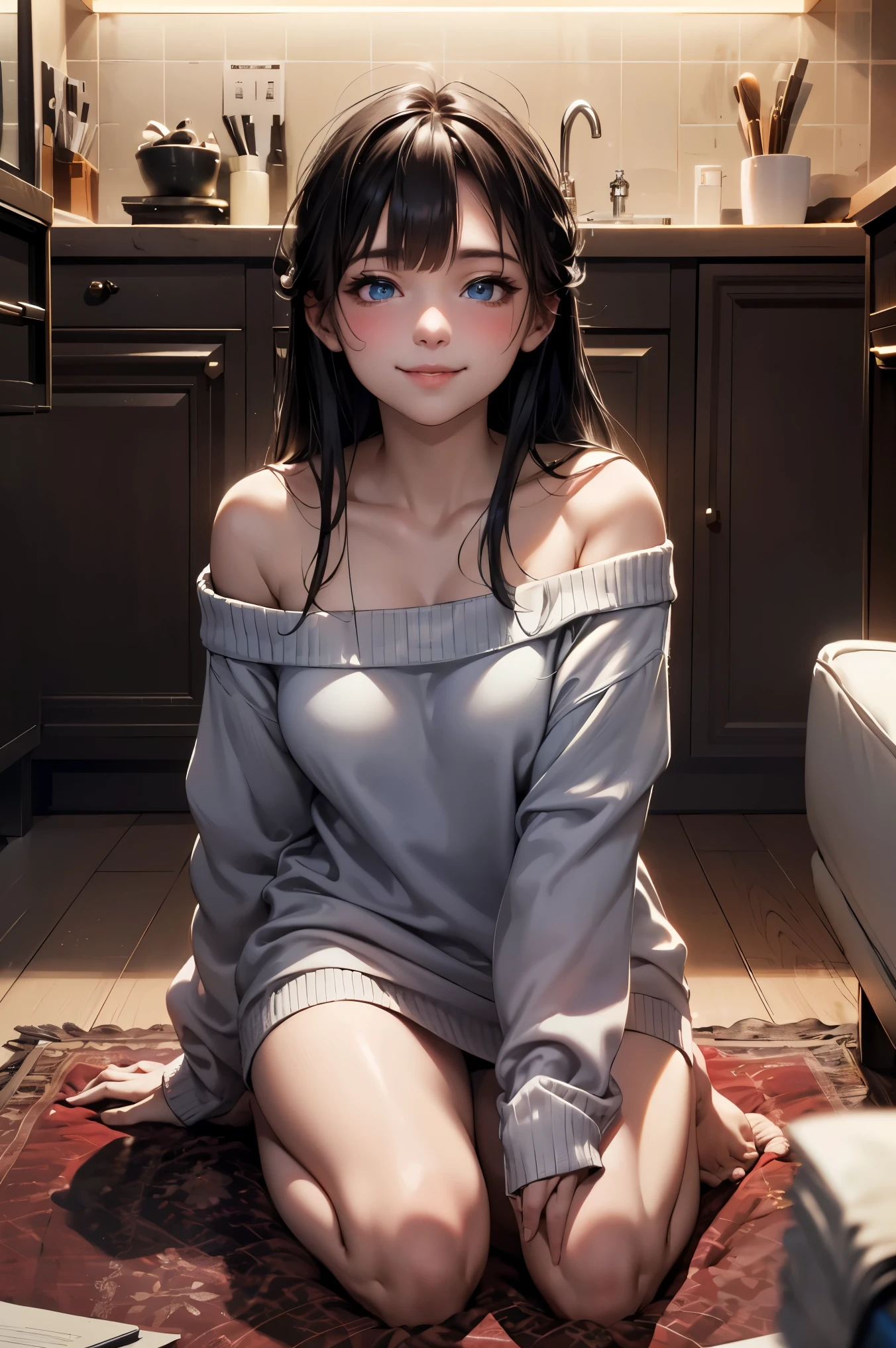 masterpiece, best quality, high resolution, Very detailed, Smile, Woman with long black hair and bangs, Bright blue eyes, Beautiful girl looking at camera, Front view, ((Off-shoulder sweater)),((Light red sweater)),barefoot, night, Indoor Warmth, Image illuminated by small lights, Writing border depth