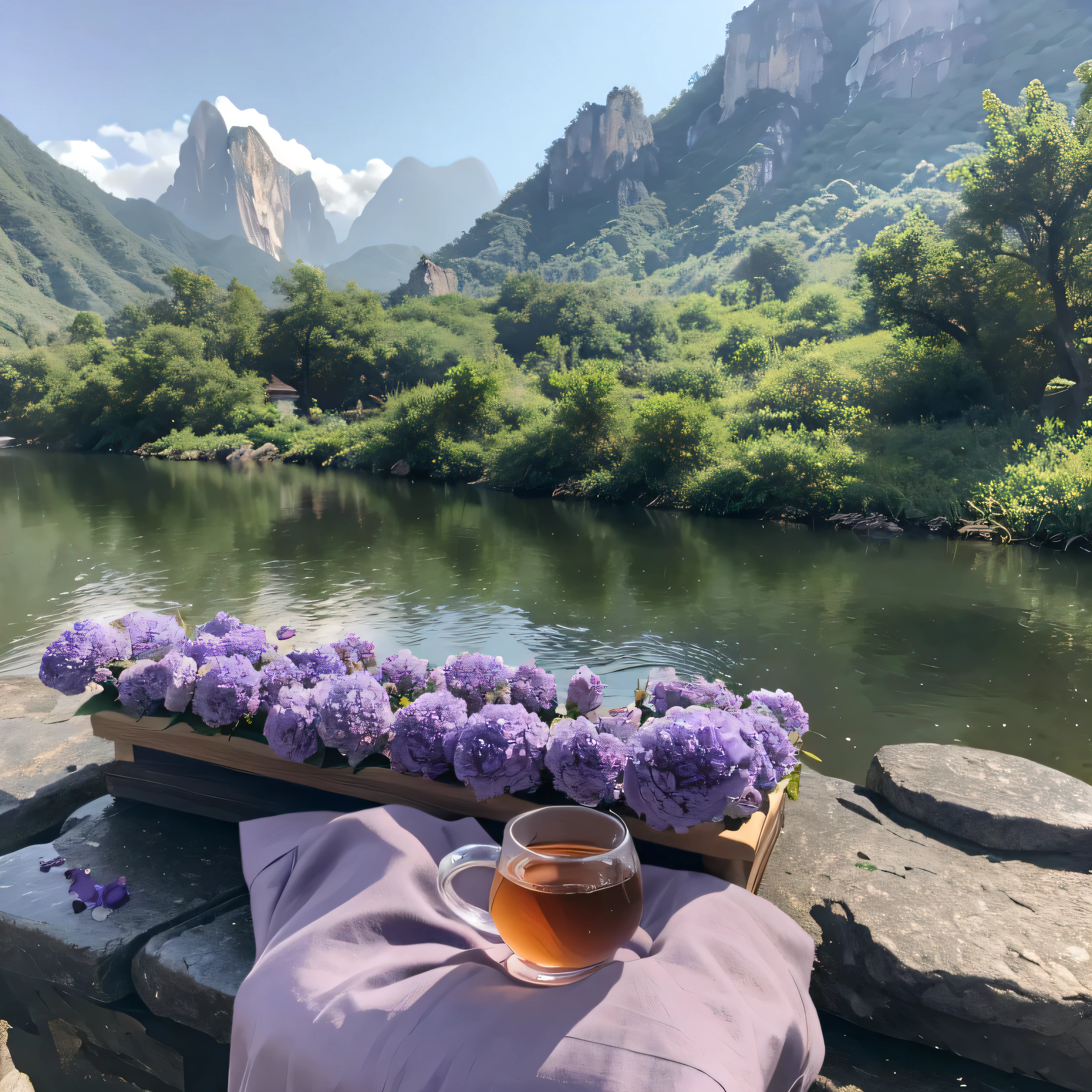 9 purple roses,Qixi Valentine's Day,Drink Wuyi Rock Tea,Kung Fu tea、Outdoor Still Life,Between Mountains and Rivers,Realistic style