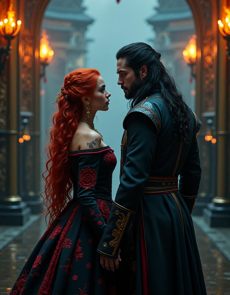 A fantasy mesmerizing portrait of a couple: a ravishing woman with cascading, fiery red locks, and ruby-red eyes, donning a majestic black doublet adorned with intricate, scarlet embroidery, and a regal man with long raven-black hair that falls like a dark cascade, and piercing black eyes that seem to bore into the soul, resplendent in an imperial doublet with gold accents, walking together through the grand, ornate gates of the palace, her injured arms and back eerily illuminated by the soft, flickering torches above, as the torrential rain pours down around them, casting a somber, mystical ambiance, with shades of crimson, gold, and midnight blue, evoking a sense of eerie, cinematic mystery, amidst the dark, wet, and mystical atmosphere of the foreboding night