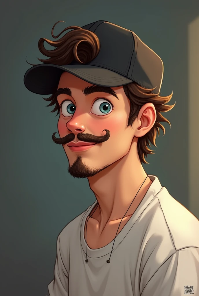 beautiful caucasian white guy, curled mustache, blue grey eyes, baggy shirt, black baseball cap, curly hair on back of head, brown hair with white streaks, artist, pet cat, medium hair tuxedo cat, animated,