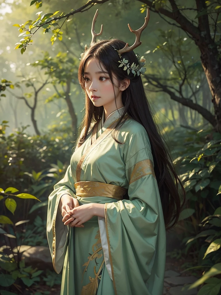 A mystical painting of a 鹿女 with elegant antlers and graceful limbs, adorned with spots and deer-like features, standing in a sunlit forest glade. The background features tall trees and soft, dappled sunlight filtering through the leaves, creating a serene atmosphere. The 鹿女 is depicted with a gentle expression, her eyes glowing with a soft green light as she channels her healing and nature-controlling abilities. Created Using: watercolor style, impressionist influence, soft brush strokes, warm color palette, naturalistic details, ethereal，Close shot，Positive face