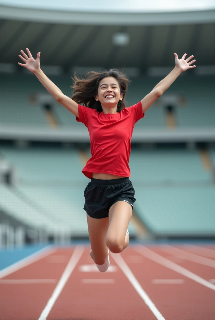 (great joy:1.5, Jumping with joy:1.5, smile), (21-year-old woman:1.5, Very slim:1.5, Very thin arms:1.5, Very Short Hair), (Tabletop:1.3), (8k, Realistic, RAW Photos, Highest quality: 1.4), (Shortcuts:1.3), ((Cute type, Big eyes, Droopy eyes, Stretch your arms:1.3)), (Real Skin), Beautiful Skin, 超High resolution, Ultra-realistic, High resolution, (夜のAthletics場, Track and Field:1.5), Athletics