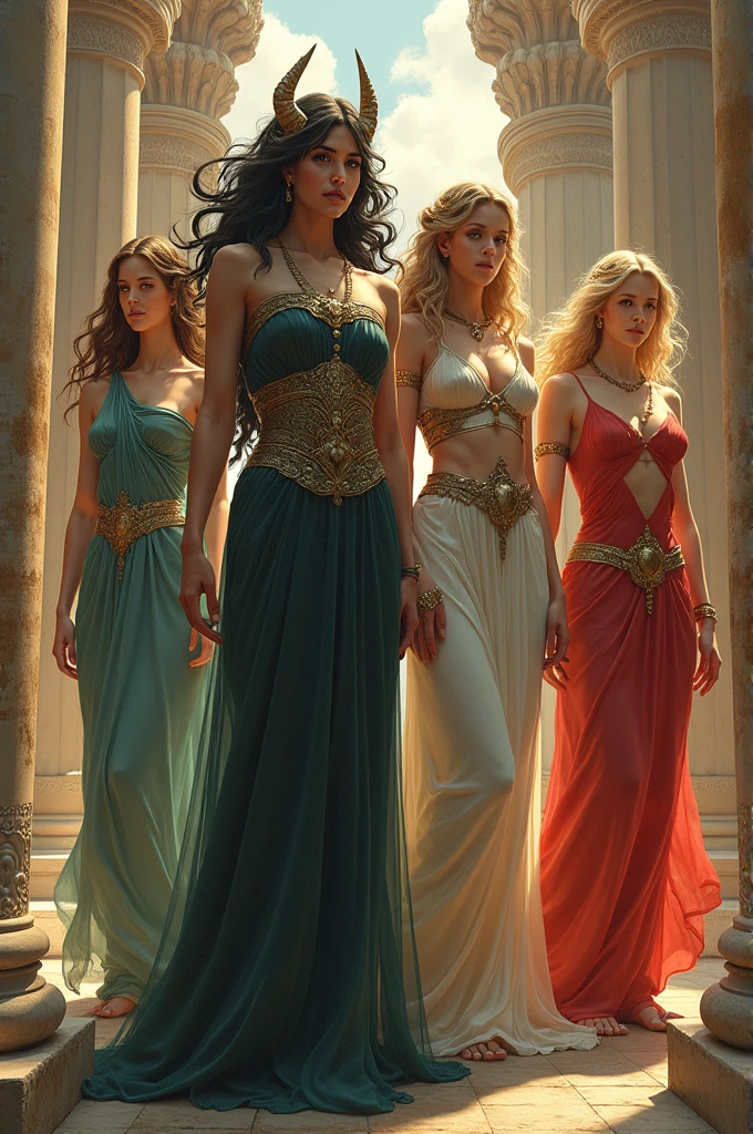 Create a Medusa image, athena, Persephone and Aphrodite together.