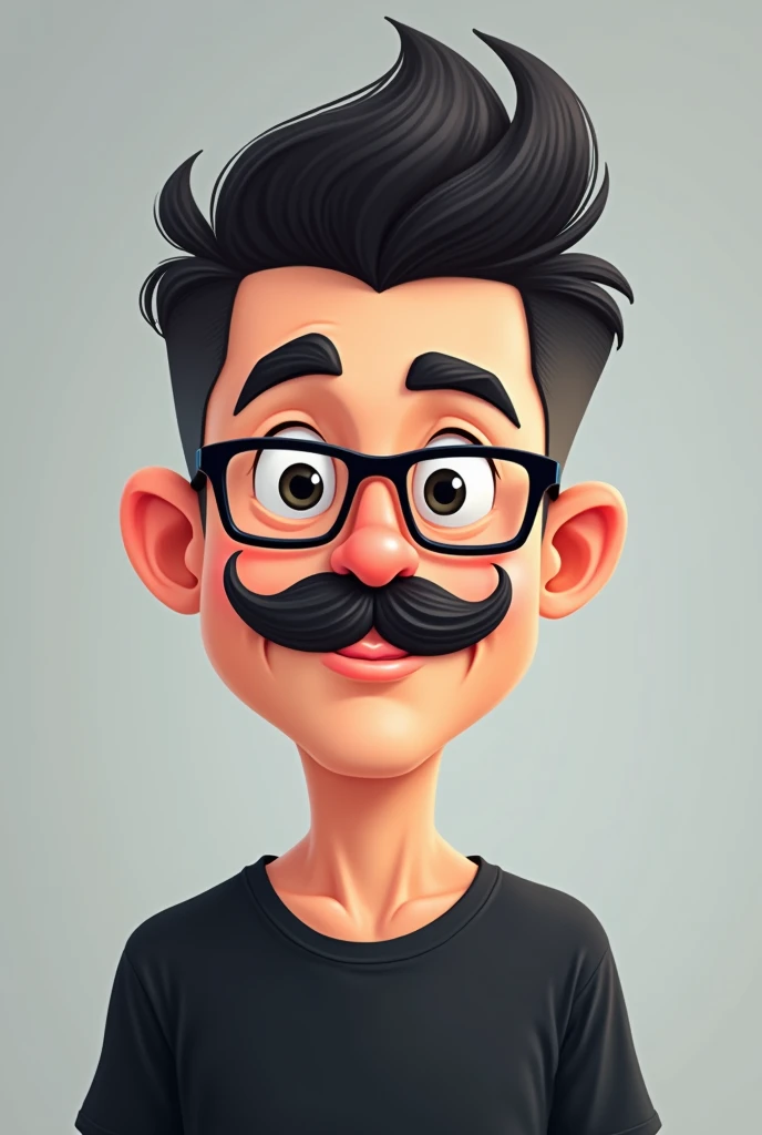 Create a cartoonish boy with a short mustache that only shows from the bust up. This man wears glasses and has short black hair., half shaved. This man is wearing a black t-shirt and the background of the image is gray.. is smiling slightly, has black eyes.