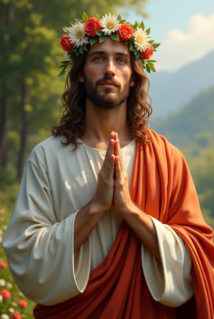 Perfect hand 5 finger, Portrait of a handsome Jesus Christ wearing apple clothes with crown of king in the flowers, Jesus Christ, real blue eyes, sunny day, intricate details.real Jesus Christ, straight head face, Straight body.Prayer Jesus Christ, perfect full body,  perfect hands finger,Prayer Jesus Christ, praying Jesus Christ backgrounds natural photographic