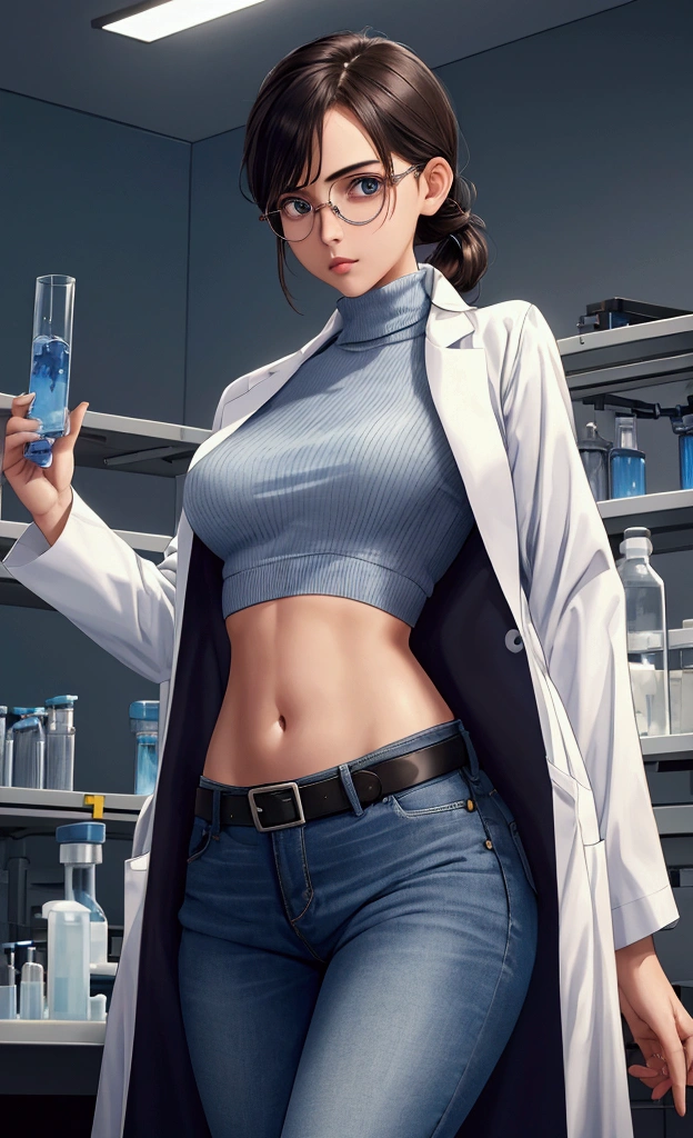 Girl in Laboratory, Turtle-neck, lab coat, showing navel, belt, Exposing the abdomen below the navel, well-dressed, glasses, blue jean, laboratory