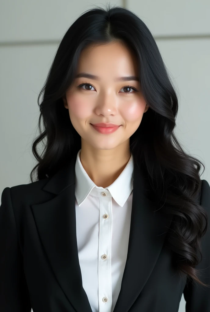 A front-facing portrait of a woman with long black hair and distinct Thai features. She has a well-proportioned figure with a larger bust. As a news anchor, she has a beautiful and professional appearance, wearing a black blazer over a white button-up shirt. The shirt underneath is neatly tucked in. The image is vertically oriented, with a neutral background, focusing attention on her. picture size 16:9"