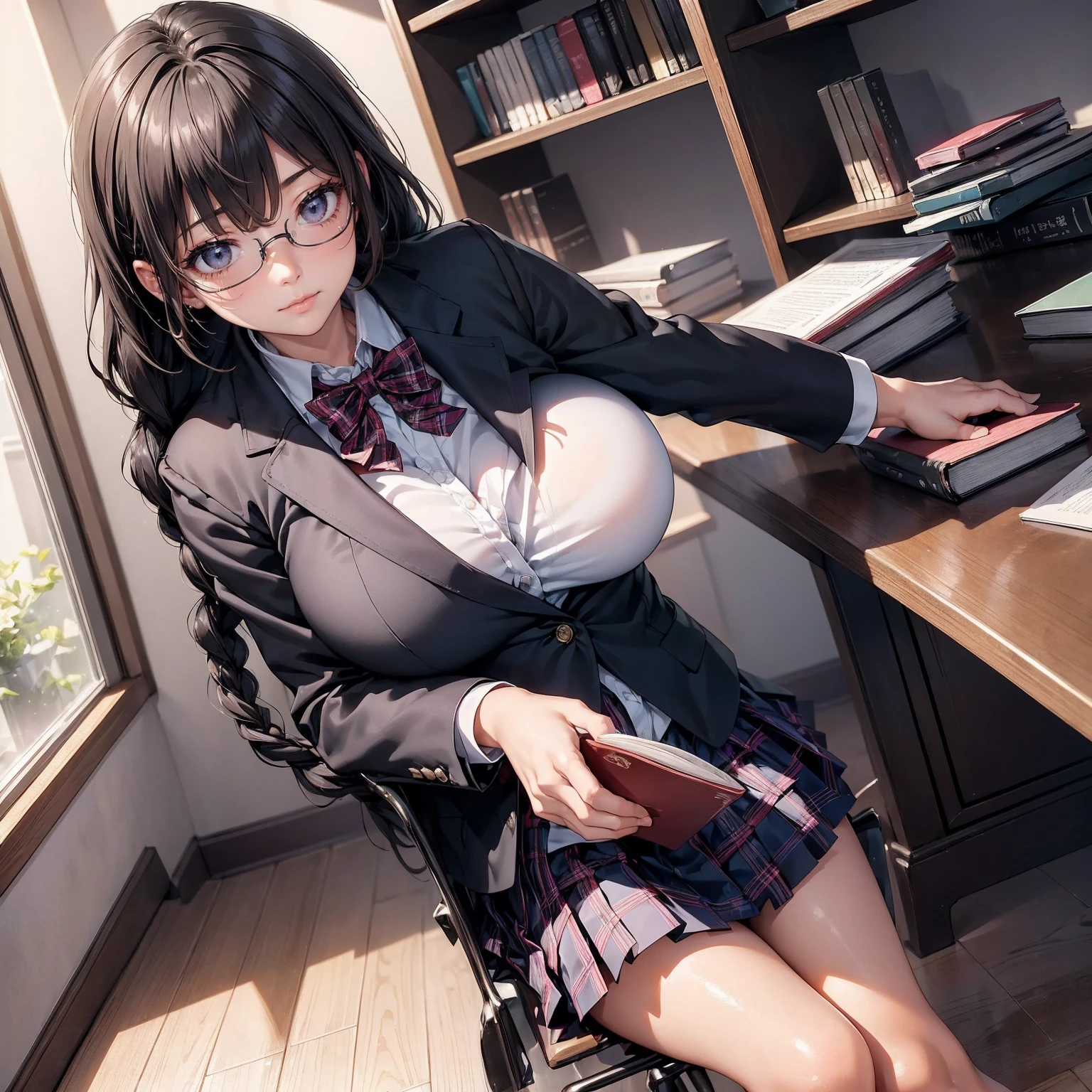 (Absurd Resolution:1.2), (ultra delicate:1.2), (masterpiece:1.2), (Photorealistic), (top-quality), BREAKA A female  wearing round glasses is reading a book surrounded by many books, BREAK (cute 1girl), (16 years old), (finely detnd finely detailed face:1.2), BREAK (ultra fine-brown-cute-eyes:1.3), (Expression ultra detailed Glitter Pupil), (ultra detailed Expression eyelashes), BREAK (ultra delicate medium length braids black hair, swept bangs), (beautiful Glossy lips), BREAK (slim body and gigantic breasts:1.3), narrow waist, leggy, curvy is body without muscles, BREAK (glossy realistic skin texture:1.2), (sweaty skin:1.0), precise anatomy, (4 defined fingers), (1 defined thumb), Happy smile, BREAK (ultra delicate school-uniform, blazer, plaid skirt, and school emblem :1.2), BREAK Seductive pose, (Crisp focus, eye focus:1.2), (full body shot, shoot from front, high angle shot), BREAK An ultra delicate rendered Library, Lots of bookshelves, Writing implements, professional lighting, atmospheric artwork,