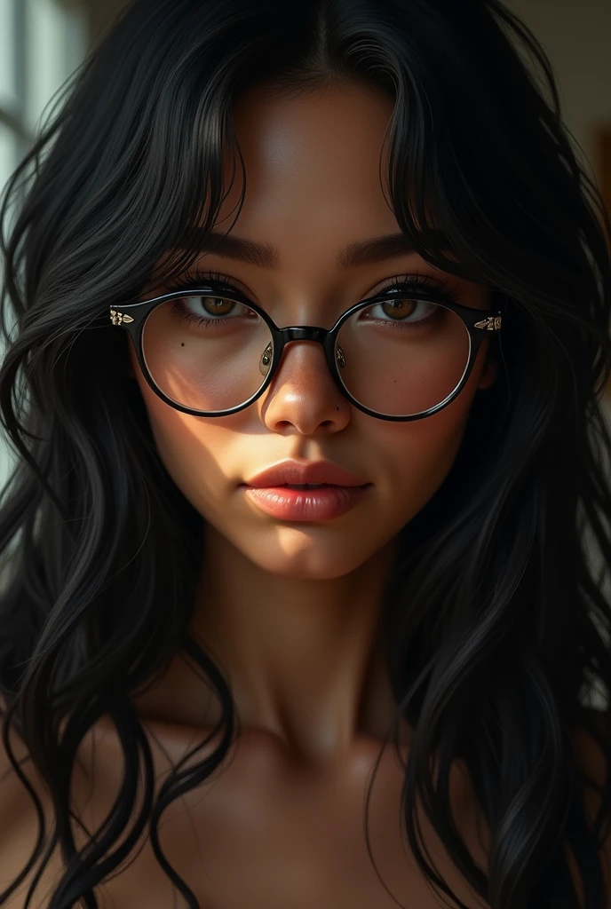 Young woman with dark skin, damaged hair, long and black. semi thin lips, Dark brown almond-shaped eyes, a small mole on the cheek, small, slightly round nose and small, semi-round glasses
