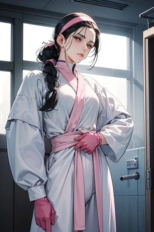 A mature woman with black hair tied up and a sad expression on her face, wearing large pink rubber gloves, a white cloth wrapped around her head, a blue long-sleeved jumpsuit, and holding a submachine gun in the bathroom